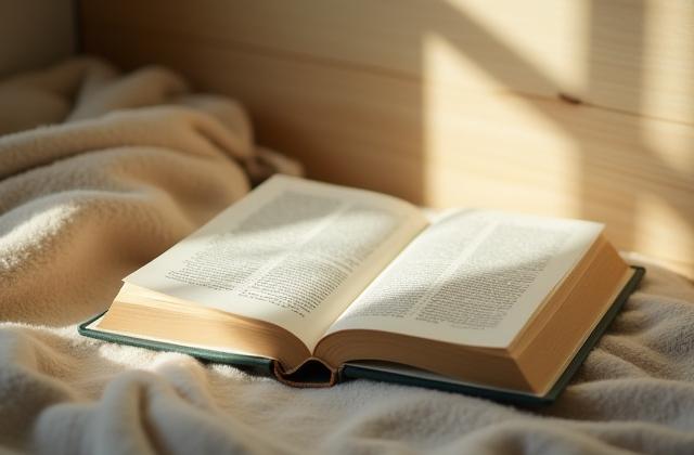 따뜻한 햇살이 드는 아늑한 독서 공간에 놓인 책