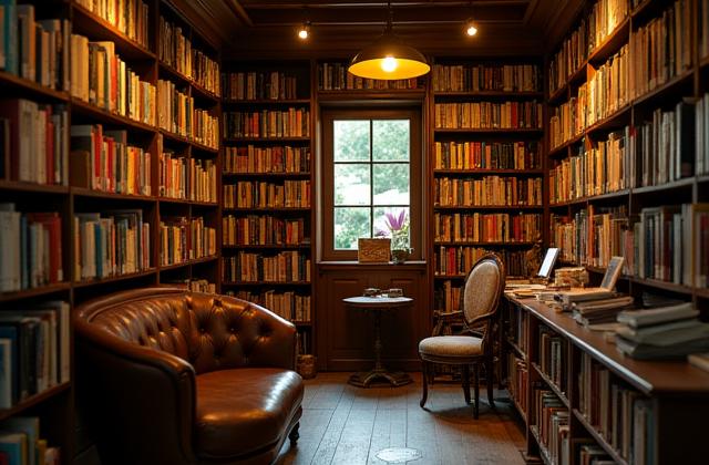 따뜻한 조명이 있는 아늑한 작은 서점 내부